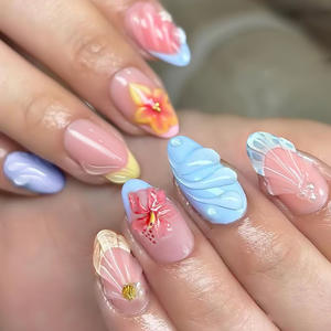 Uñas <span class=keywords><strong>Acrílicas</strong></span> Hechas a Mano Estilo Francés con Flores 3D Color Rosa Almendra, Uñas Postizas de Diseño al por Mayor - Product Image 2