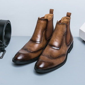 Bottines Chelsea pour homme, tendance rétro, chaussures décontractées à enfiler avec doublure en cuir véritable, saison printemps - Product Image 1