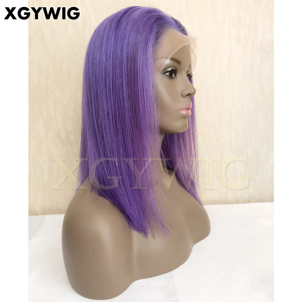 Instock 100% virgin Brazilian hair glueless with natural hairline 12" BOB Straight Lavender colored light purple lace front wigs