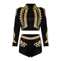 Costume de scène sexy noir et or brodé, tenue de danse K-pop Jazz, ensemble 2 pièces à franges militaires pour femmes