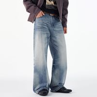 Nouveau style Old Money Feng Shui, jean bleu délavé pour l'automne/hiver, coupe droite ample avec queue de chat, pantalon polyvalent amincissant