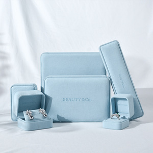 Custom Logo Sky Blue Microfiber Velvet Jewelry <b>Box</b> Ring <b>Earring</b> Pendant Necklace <b>Gift</b> Packaging <b>Box</b> For Wedding Engagement - Product Image 1