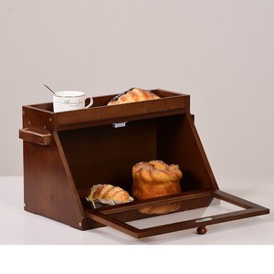 Boîte à pain double couche en bambou marron foncé avec couvercle rabattable pour la cuisine, idéale pour les pâtisseries et les desserts - Product Image 2