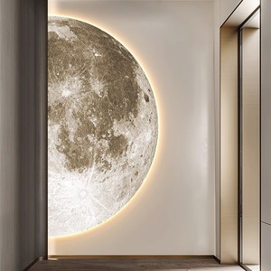 Peinture décorative sur le thème de la lune pour entrée, cadre circulaire beige avec rétroéclairage, texture réaliste en grès 3D pour couloirs et entrées - Product Image 3