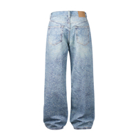 Jeans Denim bertumpuk biru pria musim gugur Label kustom pengiriman Drop kapal stok pakaian jalan celana Jeans longgar produsen dicuci