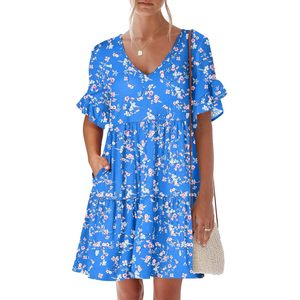 FOXA Women's Summer V Neck Floral Print A Line Mini <b>Dress</b> With Pockets Casual Breathable Woven Beach <b>Dress</b> - Product Image 1