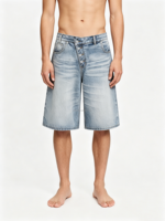 Shorts en jean Y2K unisexe, coupe large et ample, bleu clair délavé, avec boutons diagonaux, style urbain, respirant, vente en gros