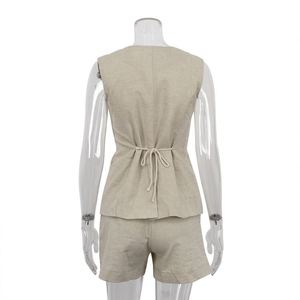Gilet senza maniche da <span class=keywords><strong>donna</strong></span> in cotone di <span class=keywords><strong>lino</strong></span> e due pezzi completo pantaloncini stile Casual <span class=keywords><strong>abbigliamento</strong></span> estivo largo - Product Image 5