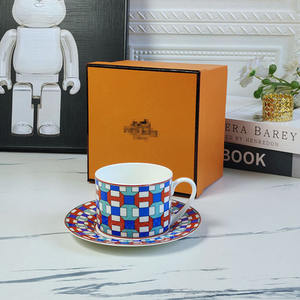 Hot Selling European Luxury Red and Blue Checkered Ceramic Coffee <b>Cup</b> <b>Saucer</b> Set - Product Image 4