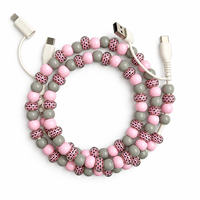 Câble de charge USB Type C 4 en 1 rose et gris à carreaux avec perles, cordon de transfert de données, accessoire de mode