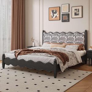 Cama de Madera Maciza Tapizada de Estilo Retro Francés, Cama Matrimonial de 1.8m, Diseño Vintage con Ondas - Product Image 1