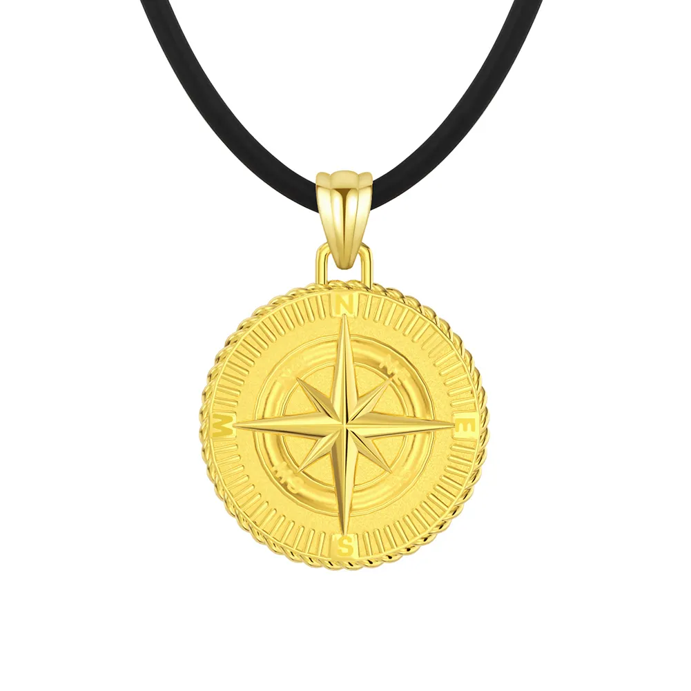 RINNTIN NMN02 Necklace Fine Jewelry 18K Gold Plated with 2mm Sterling Silver Clasp Black Leather Cord Chain Compass Necklace