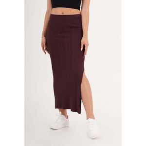 Falda Ajustada de Punto Borgoña de Moda al por Mayor, Abertura Lateral, Cintura Imperio, Cintura Natural, Tela de Lana con Spandex, Estampado Informal - Product Image 5