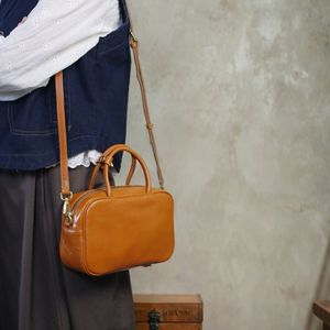 Retro Handmade Vegetable <b>Tanned</b> Cowhide Leather Women's Bag Square Zipper Closure Shoulder Crossbody Bag <b>Brown</b> Coffee Color - Product Image 2