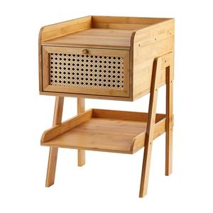 Mesita de noche de bambú y ratán, mesa estrecha, estante de almacenamiento, mesita de noche con cajón de tela para dormitorio, mesita de noche para dormitorio en casa - Product Image 5