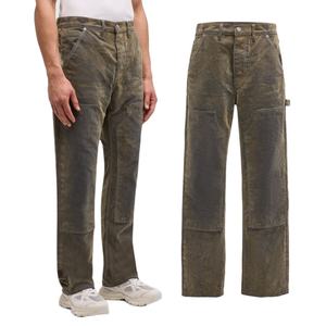 Jean en denim floqué bronze vieilli de haute qualité sur mesure pour homme, coupe slim délavée, avec double genouillère, style charpentier - Product Image 1