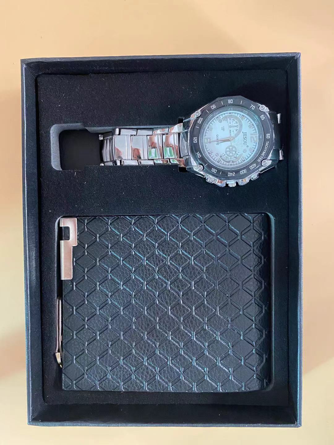 White watch black wallet
