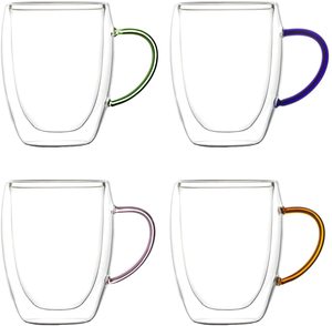 Tasses à café isothermes de 12 oz avec poignée colorée, verre à double paroi pour café, thé, jus. - Product Image 1