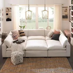 Sofá de linho branco de luxo moderno, sofá de linho modular seccional com penas