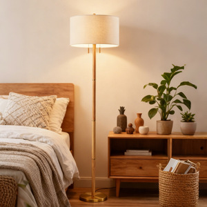 Floor Lamp Bamboo Off <b>White</b> <b>Shade</b> Led <b>Light</b> Source Scandinavian Design Style For Living Room Bedroom - Product Image 2