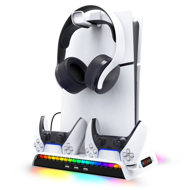 Vertical Stand RGB for PS5 Slim Console Cooling Base With 3-speed Fan Charging Dock Hanger PG-P5S006
