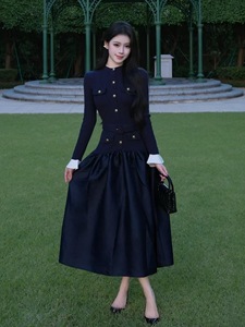 <span class=keywords><strong>Abito</strong></span> a Linea A di Alta Qualità per Donna, <span class=keywords><strong>Blu</strong></span> Scuro, Lavorato a <span class=keywords><strong>Maglia</strong></span> con Patchwork, Collo Tondo, Maniche Lunghe, per Autunno e Inverno - Product Image 2