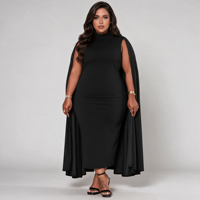Robe longue élégante vintage pour femme grande taille, en jersey, col montant, sans manches, avec cape intégrée, couleur unie