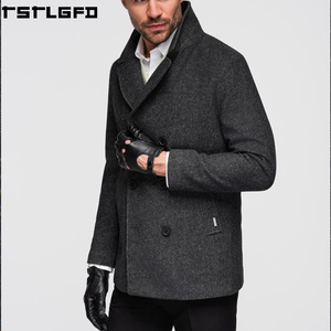 Cut And Sew Wool Blend <b>Pea</b> <b>Coat</b> <b>Men</b> Charcoal Grey Double Breasted Notched Lapel Windbreaker Streetwear Manufacturers Bulk - Product Image 2