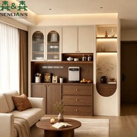Buffet moderne en noyer SLS avec portes en verre cannelé arqué, éclairage LED, rangement et coins arrondis pour cuisine et garde-manger