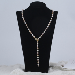 Collar de perlas de agua dulce reales de 7-8mm Collar largo de mujer con forma de arroz - Product Image 1