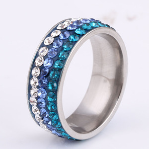<b>Crystal</b> <b>Ring</b> 8MM Three Row Gradient Blue Stainless Steel Women's Everyday Wear Jewelry Channel Setting - Product Image 1