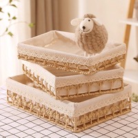 Panier de rangement de bureau en rotin tressé style pastoral, en corde de fibre de papier, pour cosmétiques, collations, table basse et rangement de fleurs