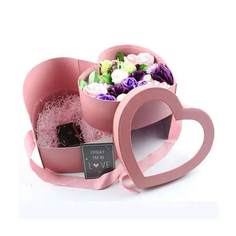 Custom Logo Pink Heart Shape Valentine Wedding Rose Flower Clear Folding Luxury Cardboard Gift Packaging Box For Strawberries