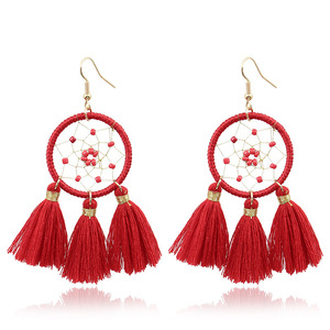 Bohemian <b>Red</b> Tassel <b>Drop</b> <b>Earrings</b> For Women Wedding Fashion Jewelry Zinc Alloy Crystal Rhinestone Bezel Setting - Product Image 2