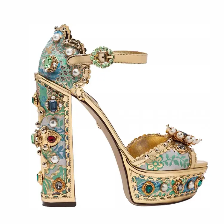 Block Heels Colorful Jewel Sandals Summer Rhinestone Platform Sandals Women Shoes