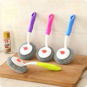 TK95 Plastic Handle Wire Brush Kitchen Steel Wire Ball Stainless Steel Cleaning Ball Color Handle Pot Brush