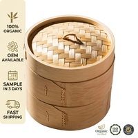 Ensemble de cuiseurs vapeur traditionnels asiatiques écologiques de haute qualité, 100% bambou biologique, capacité de 2 L, 2 étages, couvercle en bambou, compatible gaz et induction