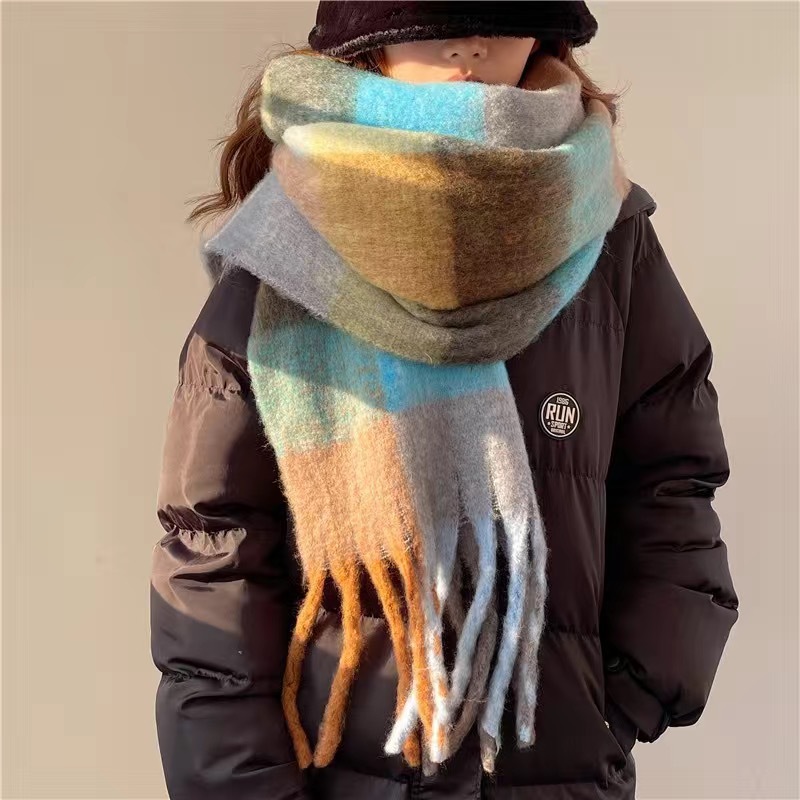 [Marrone blu] grande sciarpa con nappe arcobaleno-intorno al 230