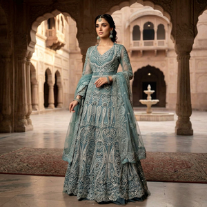 Robe de mariée pakistanaise de luxe pour femme, longue et ample, richement ornée de perles et de pierres, style Lehnga Choli 2026 - Product Image 1