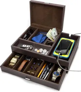 소라 발렛 박스 & 남성 보석 상자 주최자-대형 스마트 폰 충전 스테이션이있는 남성용 시계 상자