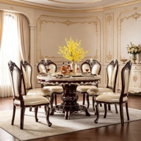 Ensemble de table à manger ronde en bois massif de style européen de luxe, table à manger avec plateau en marbre et chaises en cuir PU pour villa, maison, vente en gros