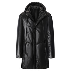 سترة جلدية رجالية للشتاء، تصميم جديد، متوسطة الطول، بغطاء للرأس، من جلد الغنم، محشوة بريش البط الأبيض، معطف واقي من الرياح عالي الجودة - Product Image 6