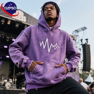 QZFSO Streetwear Custom 500 Gsm Sunfaded Pullover 100% Cotton French Terry Cut and Sew Distressed <b>Embroidered</b> Cropped Hoodie Men - Product Image 1