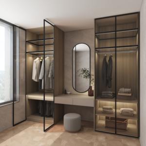 מודרני מותאם אישית led ארונות ארונות מתכת ומלתחה מחטות עץ עם דלת זכוכית לרהיטים ביתיים חדר שינה - Product Image 5