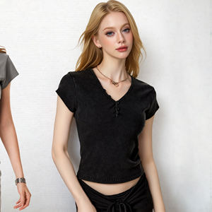 2025 Spicy Girl Retro Top Buttoned V-Neck Straight Shoulder Short Sleeve <b>Slim</b> <b>Fit</b> for Summer - Product Image 3