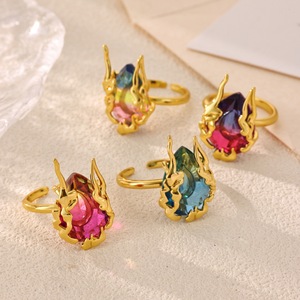 Anillo de zirconio con degradado de llama chapado en oro de 18 quilates, anillo de dedo ajustable abierto con gema de color, joyería de acero inoxidable para mujer - Product Image 2