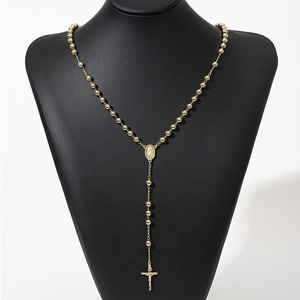 Nuevo Collar de Latón con Baño de Oro, Collar con Cuentas Doradas y Cruz, Resistente al Deslustre y al Agua - Product Image 1