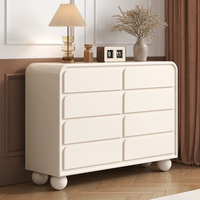 Commode en bois style crème minimaliste, avec 8 tiroirs à panneaux plats, buffet de rangement, pieds à boule entièrement incurvés, autoportante
