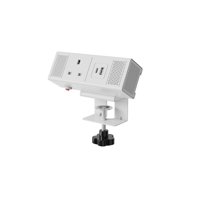 OMNI Clamp Mounted Fast Charging Station Surge Protector Power Strip with UK Outlet USB-C/USB Ports 16A Rated for Office Use