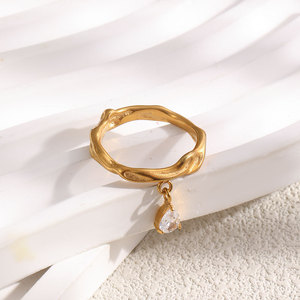 Stainless Steel 18K Gold Plated Hammered Texture <b>Ring</b> Dangling Teardrop Zircon Charm Vintage <b>Statement</b> Finger <b>Ring</b> For Women - Product Image 3